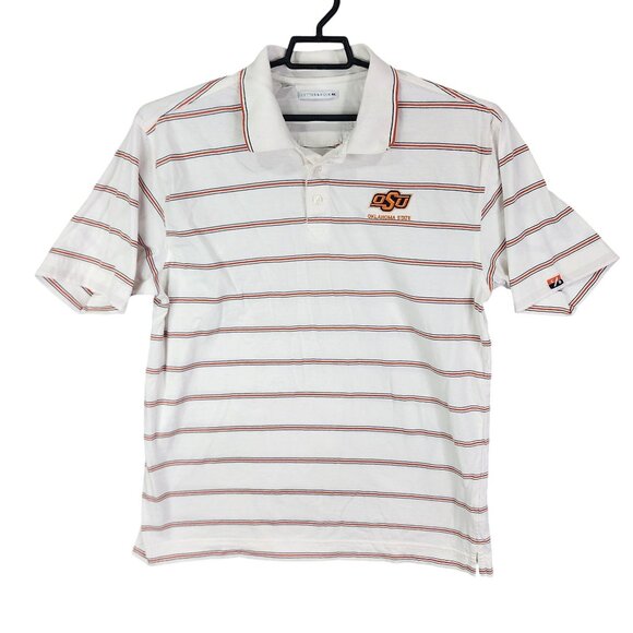 Mens White & Orange Stripes Cutter & Buck Polo Shirt Oklahoma State Size L - Picture 1 of 9